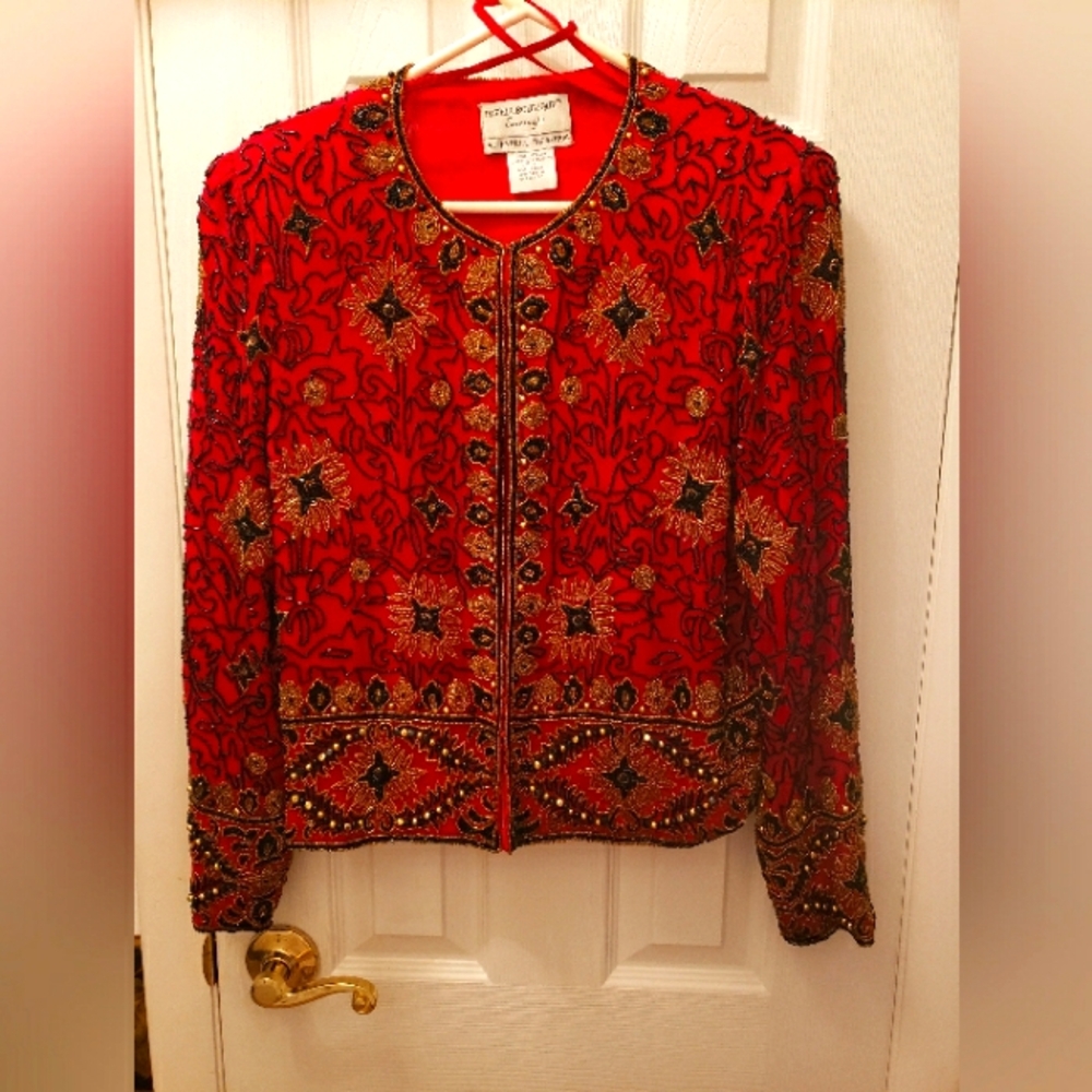 Vintage Dressy Evening Beaded Jacket Red With Black n Gold Embellishment, Sz 4,